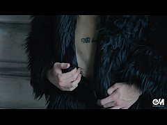  - Blond twink boy nude in fur coat shows his long uncut cock