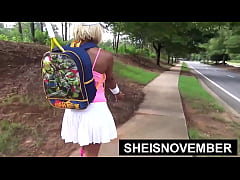  - Big Dick Stranger Jizzed On My Black Titties After We Meet Earlier, Sheisnovember Gipping Her Huge Natural Udders and Areolas While Making Eyes Contact While Laying On Her Black With Blonde Hair and Pink Shirt By Msnovember
