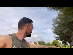  - Big cock stud jerking off on public trail. Public Cumshot