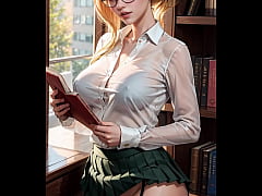  - AI generated blonde librarian flashes pussy