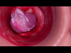  - The camera inside the deep pussy records a huge ejaculation with a stuck condom