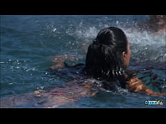  - An outdoor pool is the perfect spot for the brunette ebony to ride his cock