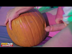  - Fakehub Originals - Teen at Halloween College house party sneaky pumps a pumpkin before hot sexy Thai girl in cosplay leaves the party to offer up her tight wet pierced pussy