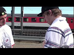  - Facial cum on cute young blonde teen girl in public sex gang bang threesome orgy