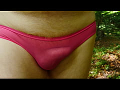  - Walking outdoors in the forest only wearing panties