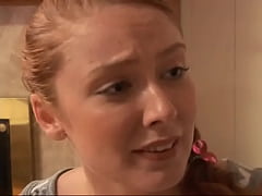 - Red-haired bitch in white stockings gives a blowjob to a horny guy with glasses with pleasure