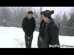  - Cute twinks have a threeway in the cabin after taking a walk