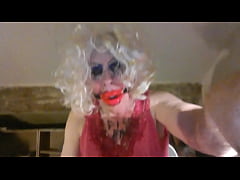  - Gagged, Piss Soaked Fag, Sarah Millward, wanks clitty, inserts big, black, cock into her fanny, also known as her arsehole! BDSM humiliation.