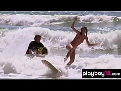  - Hot badass blondie with big boobs and her GFs love naked surfing