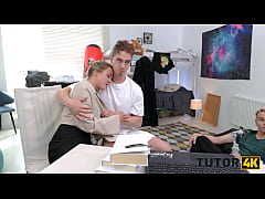  - TUTOR4K. Slutty tutor with natural tits is enjoying 2 hard cocks during the lesson