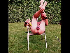  - naked pathetic white slave outdoor in penis cage enema, gay slut shows dildo clean, cucumber fuck, banana fuck, CMNM