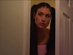  - Dainty brunette teen gets a facial cumshot after sucking a cock in bed