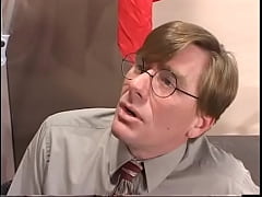  - A young slut with a tattoo seduces the teacher in the classroom, fucks with him in various positions and substitutes her pussy in his mouth
