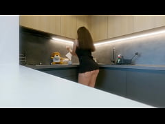  - Hot Sexy Brunette MILF Housewife at Home no panties in a Cut Miniskirt to flash her meaty juicy wet Pussy and Naked Ass