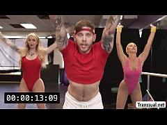  - Busty shemale fucks her busty gym buddy and rides coach cock