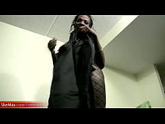  - Brown skin shebabe in fishnet squits jizz on her small tits