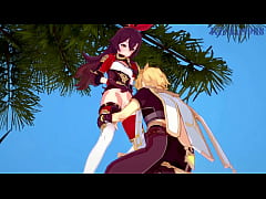  - Amber and Fischl &lpar;Amy&rpar; and Aether intense sex&period; - Genshin Impact Hentai
