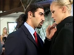  - Sexy blonde gang banged by men and shemales