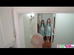  - Creepy teen stepsisters share his cock in a threesome