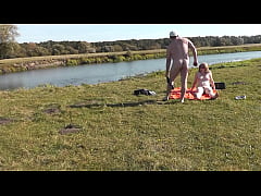  - Wild beach. Nudist beach. Outdoors on bank of river lover fucks doggystyle beautiful sexy MILF Frina. Oudoor. Ouside. Naked in public. Sex in public