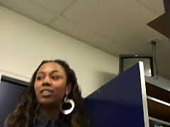  - Slim ebony babe with shaved cunt blows golden shower down the toilet