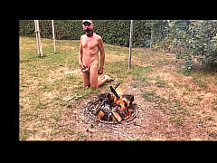  - naked pathetic white slave got outdoor unawares cumshot after boring jerk off my uncut dick at the campfire, CMNM