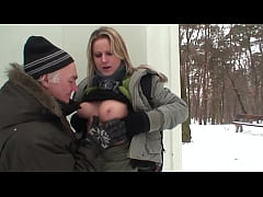  - Horny blonde with perfect tits lets her shaved pussy fuck outdoor by old man with hard cock