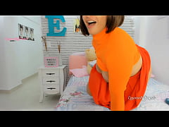  - Velma Dinkley from scooby doo cosplay girl dirty talking, teasing and applying oil on her big tits and big ass